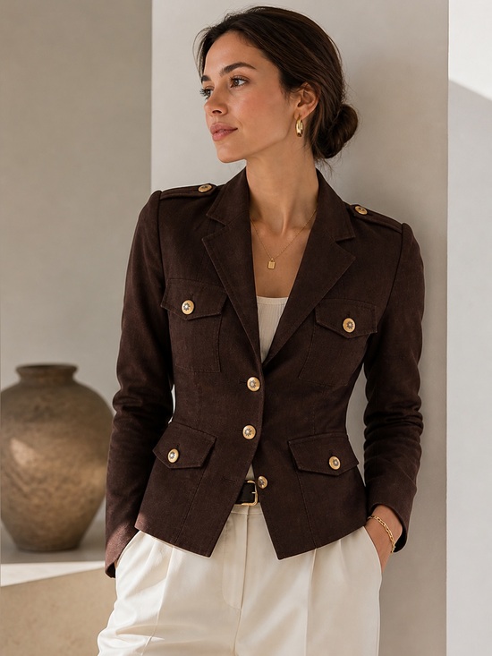 Michael Kors Jackets & Blazers - Michael Kors Military Blazer Brown Linen Jacket Gold Button Fitted Size 2